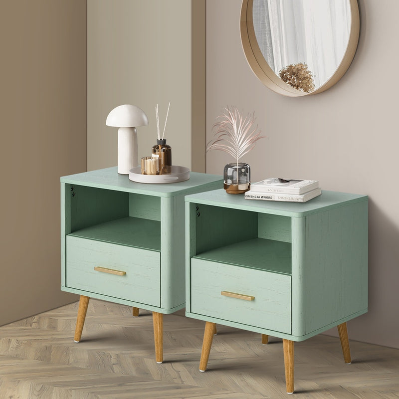 Oikiture 2x Bedside Table 1 Drawer Open Shelf Nightstand Green