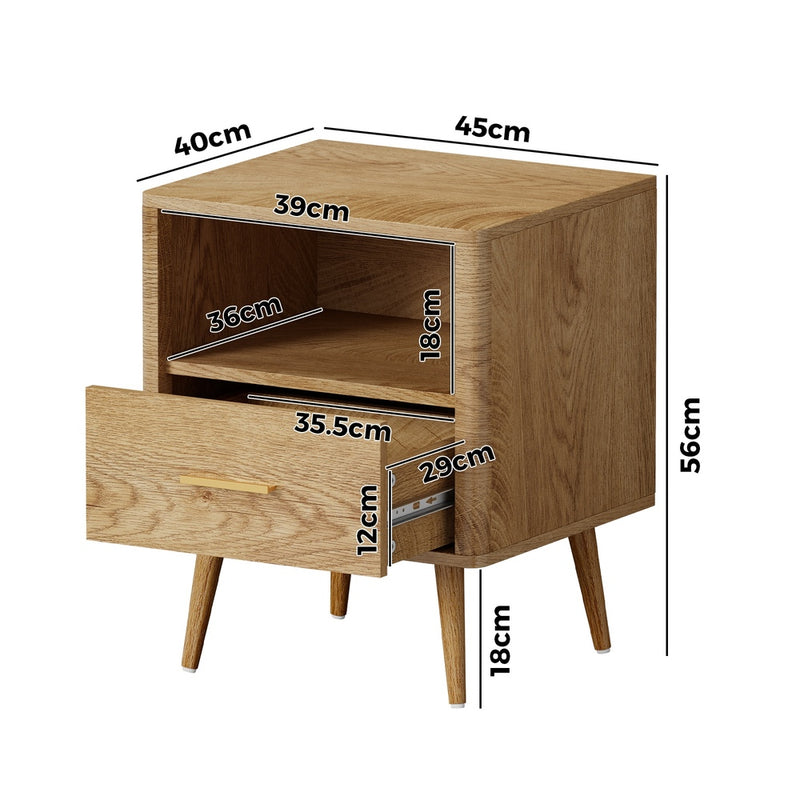 Oikiture Bedside Table 1 Drawer Open Shelf Nightstand Natural