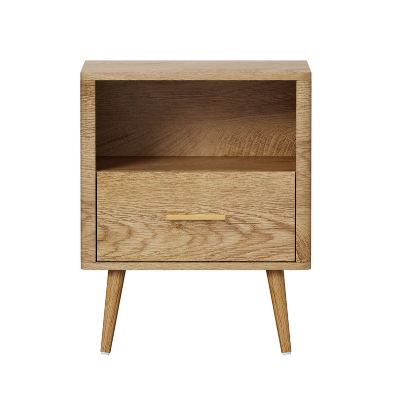 Oikiture 2x Bedside Table 1 Drawer Open Shelf Nightstand Natural