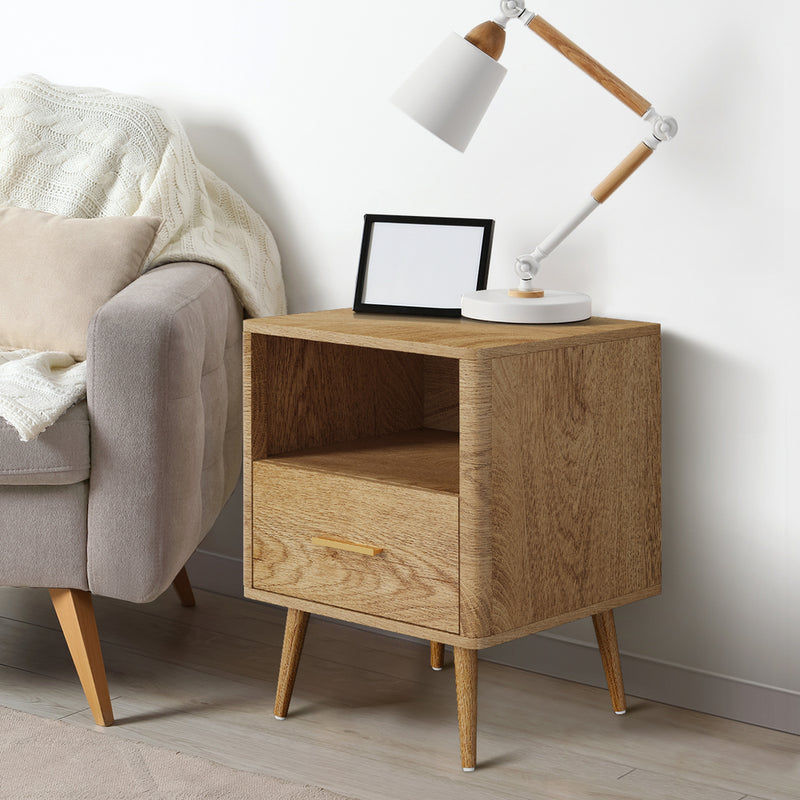 Oikiture 2x Bedside Table 1 Drawer Open Shelf Nightstand Natural