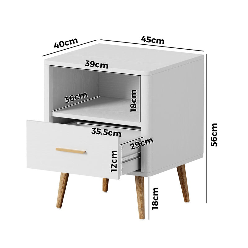 Oikiture Bedside Table 1 Drawer Open Shelf Nightstand White