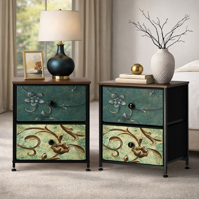 Oikiture 2pc Bedside Tables Fabric Cabinet 2 Drawers Nightstand