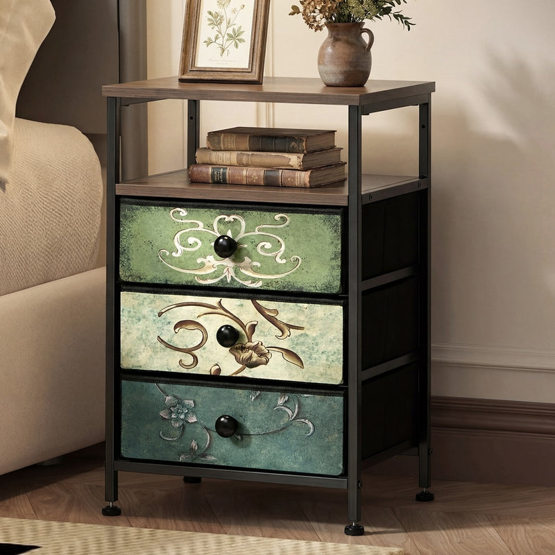 Oikiture Bedside Table Fabric Nightstand 3 Drawers End Table Shelf
