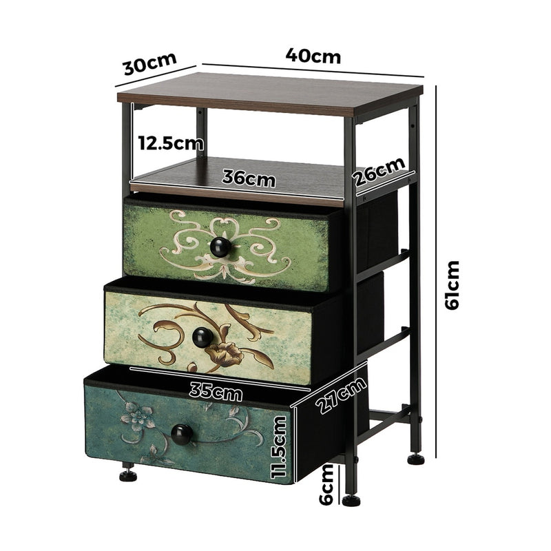 Oikiture Bedside Table Fabric Nightstand 3 Drawers End Table Shelf