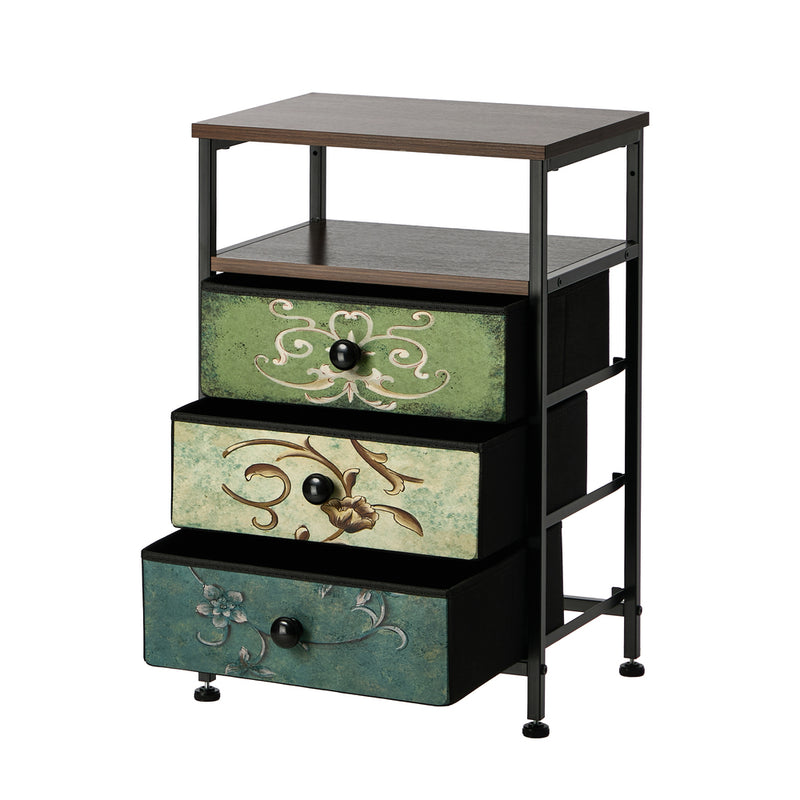 Oikiture Bedside Table Fabric Nightstand 3 Drawers End Table Shelf