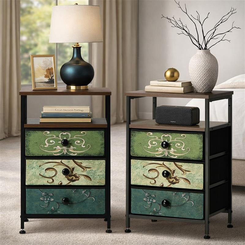 Oikiture 2pc Bedside Tables Fabric Nightstand 3 Drawers Table Shelf