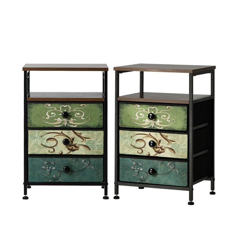 Oikiture 2pc Bedside Tables Fabric Nightstand 3 Drawers Table Shelf