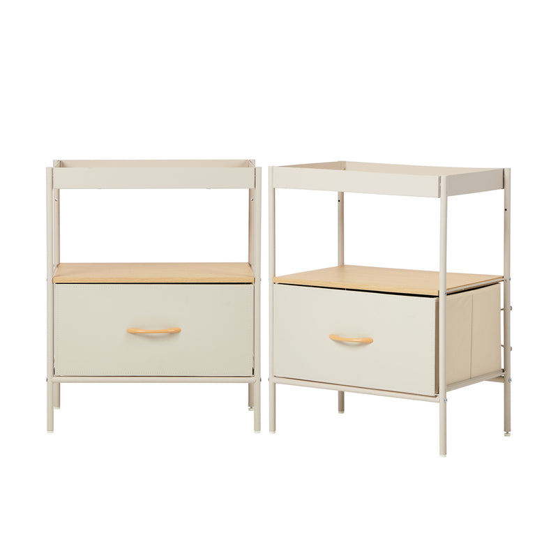 Oikiture 2PCS Fabric Bedside Table Single Drawer Open Shelf Beige