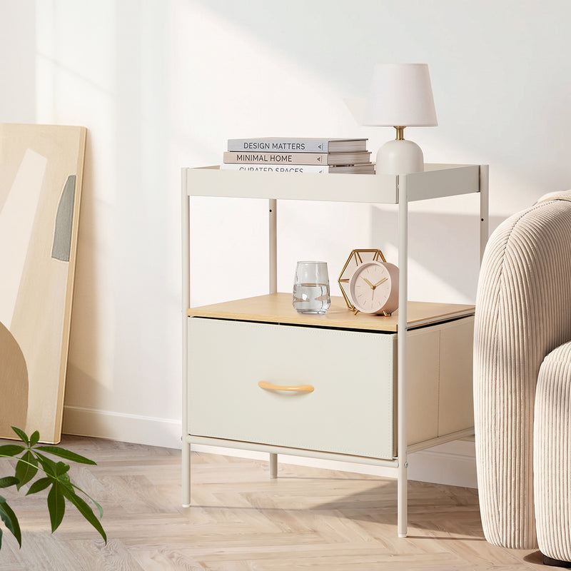 Oikiture 2PCS Fabric Bedside Table Single Drawer Open Shelf Beige