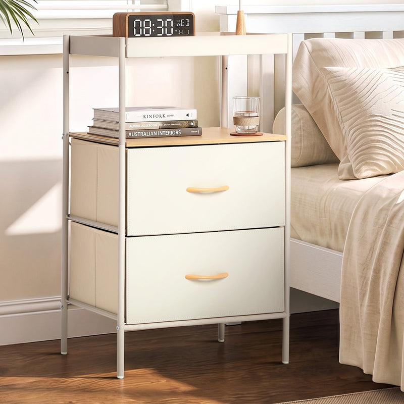 Oikiture Fabric Bedside Table 2 Drawer Open Shelf Nightstand Beige
