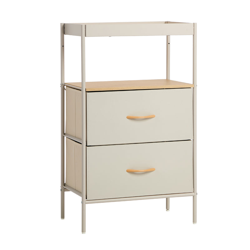 Oikiture Fabric Bedside Table 2 Drawer Open Shelf Nightstand Beige
