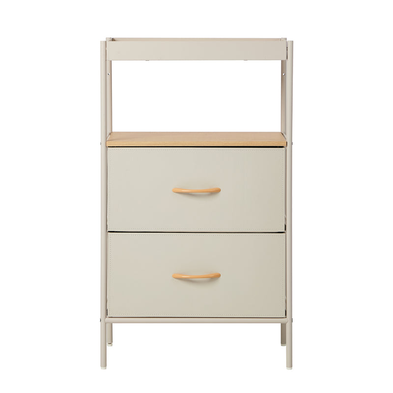 Oikiture Fabric Bedside Table 2 Drawer Open Shelf Nightstand Beige
