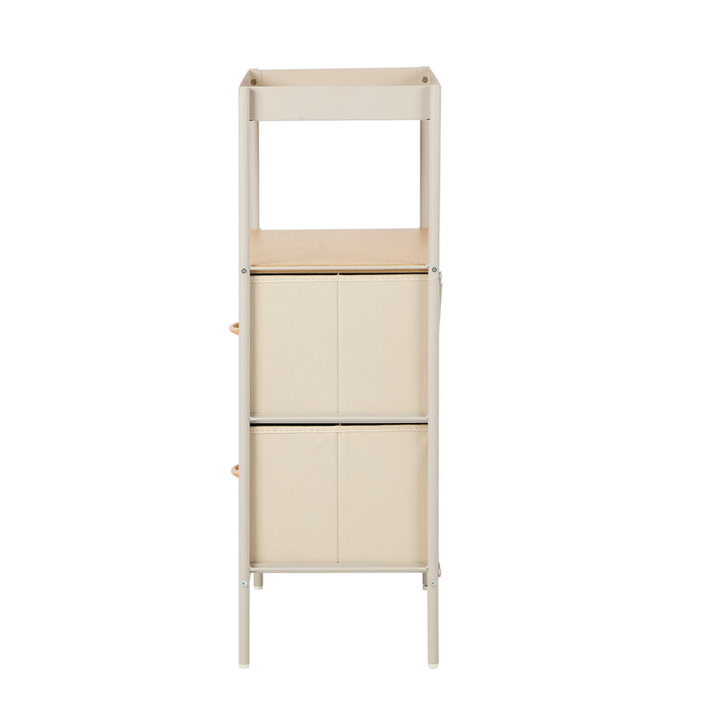 Oikiture Fabric Bedside Table 2 Drawer Open Shelf Nightstand Beige