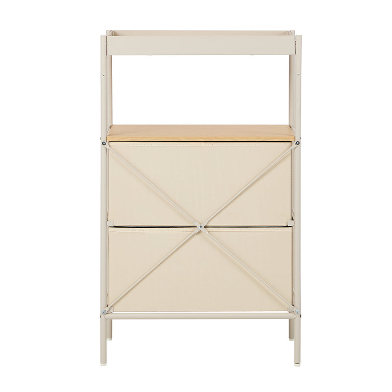 Oikiture Fabric Bedside Table 2 Drawer Open Shelf Nightstand Beige