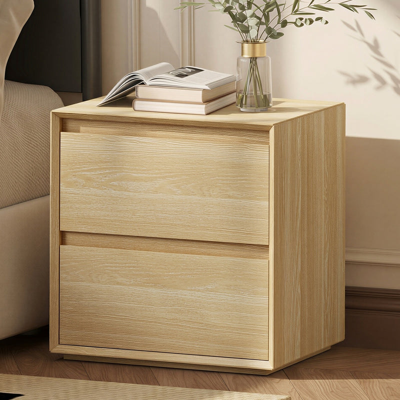 Oikiture Bedside Table 2 Drawers Bedroom Nightstand No Handle Natural