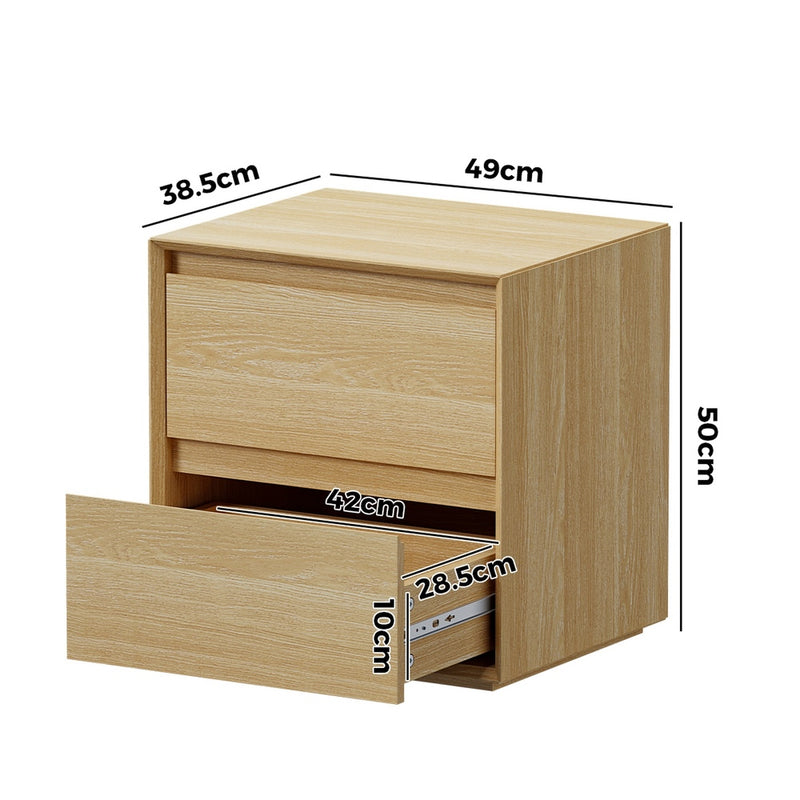 Oikiture Bedside Table 2 Drawers Bedroom Nightstand No Handle Natural