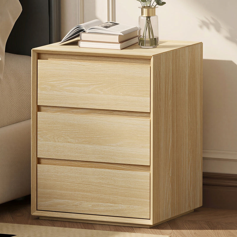 Oikiture Bedside Table 3 Drawers Nightstand Storage No Handle Natural