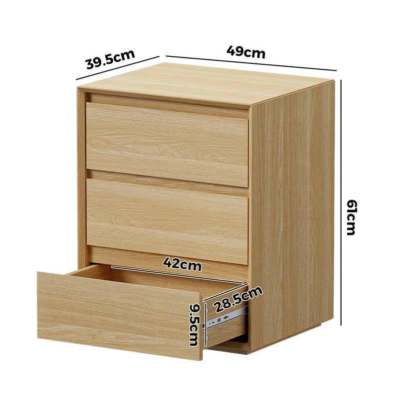 Oikiture Bedside Table 3 Drawers Nightstand Storage No Handle Natural