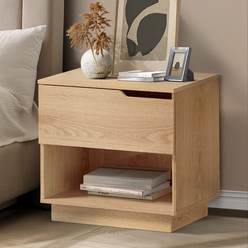 Oikiture Bedside Table 1 Drawer Storage Nightstand Cabinet Natural