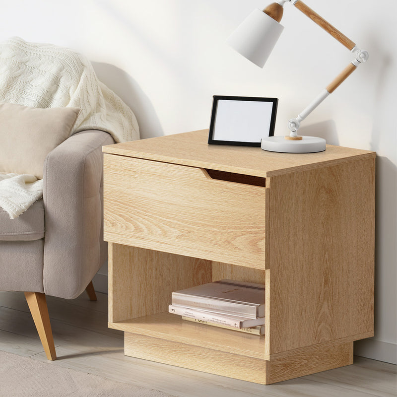 Oikiture Bedside Table 1 Drawer Storage Nightstand Cabinet Natural