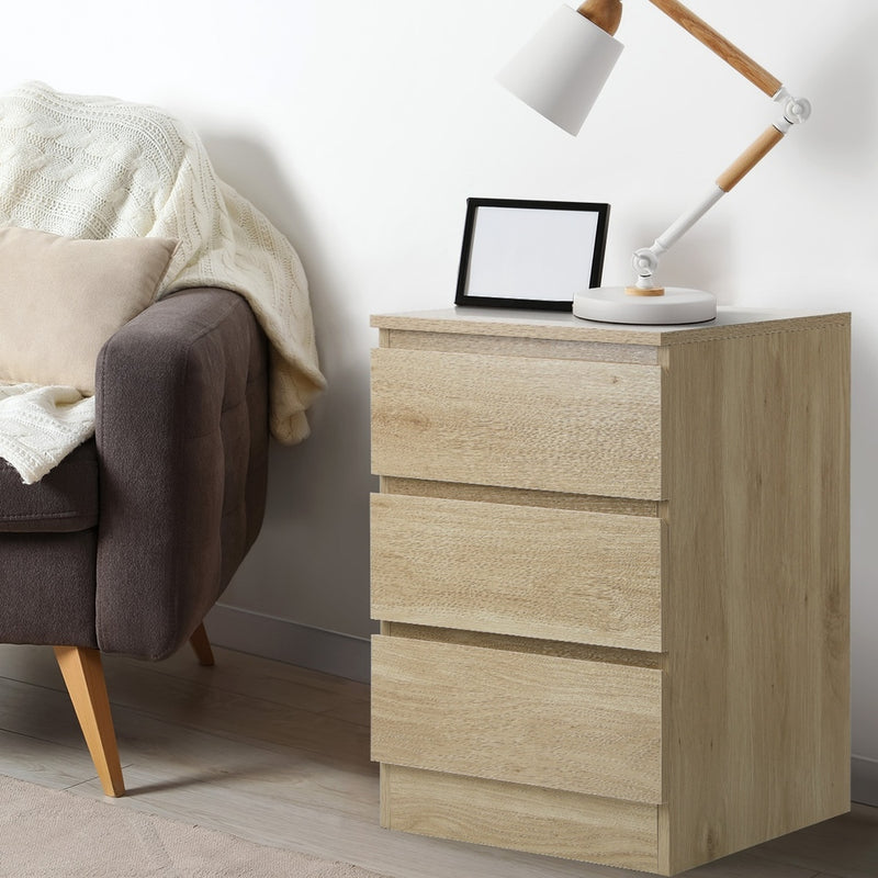 Oikiture Bedside Table 3 Drawers Storage Cabinet Natural