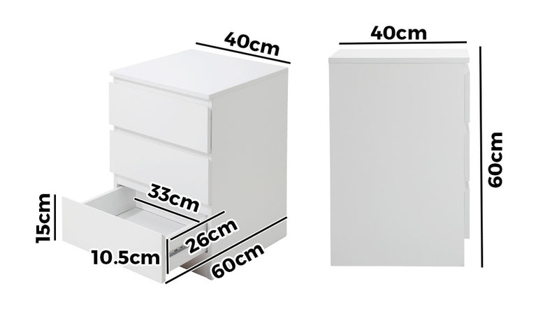 Oikiture Bedside Table 3 Drawers Storage Cabinet White
