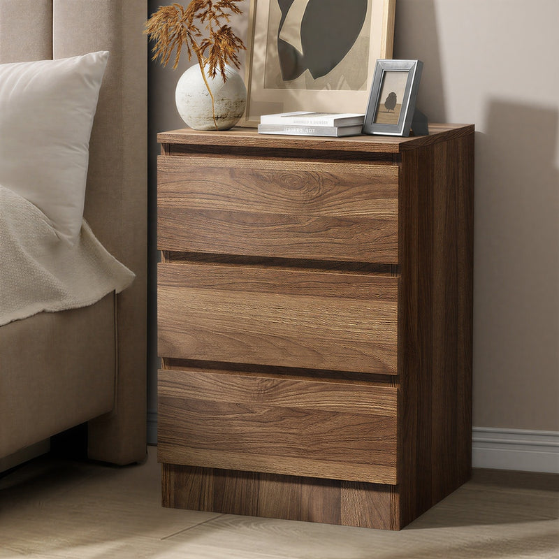 Oikiture Bedside Table 3 Drawers Storage Cabinet Nightstand Walnut