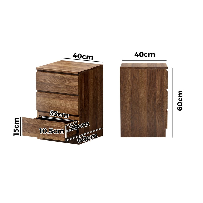 Oikiture Bedside Table 3 Drawers Storage Cabinet Nightstand Walnut