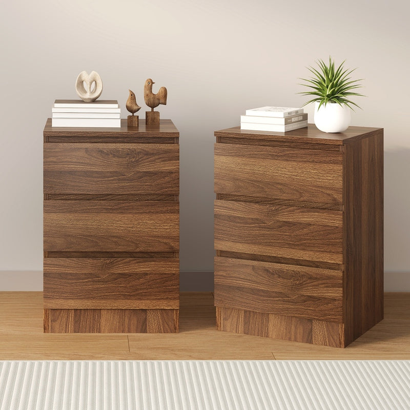 Oikiture 2x Bedside Table 3 Drawers Side Table Storage Cabinet Walnut