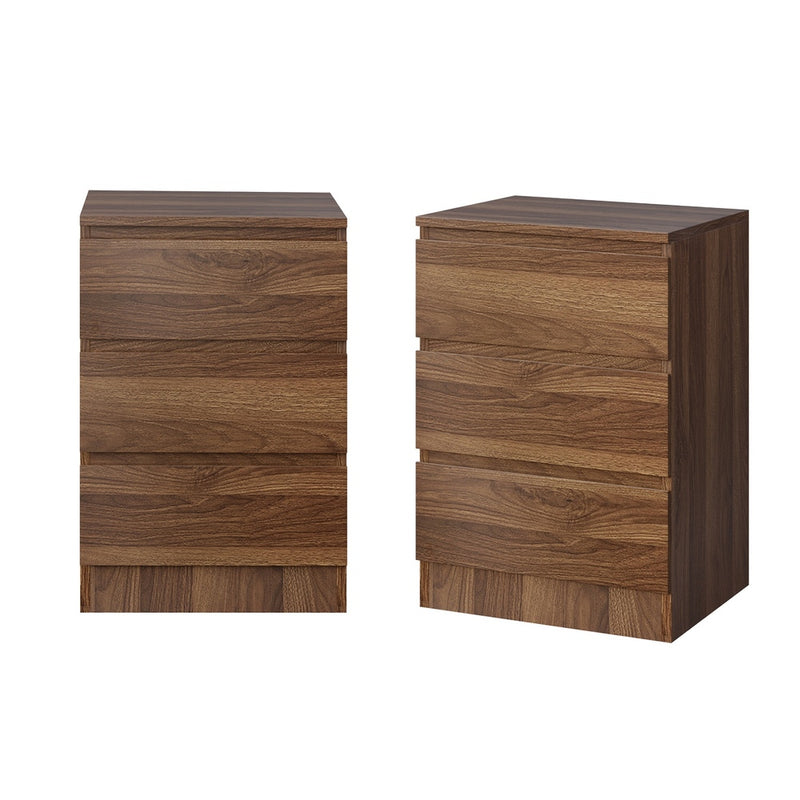 Oikiture 2x Bedside Table 3 Drawers Side Table Storage Cabinet Walnut