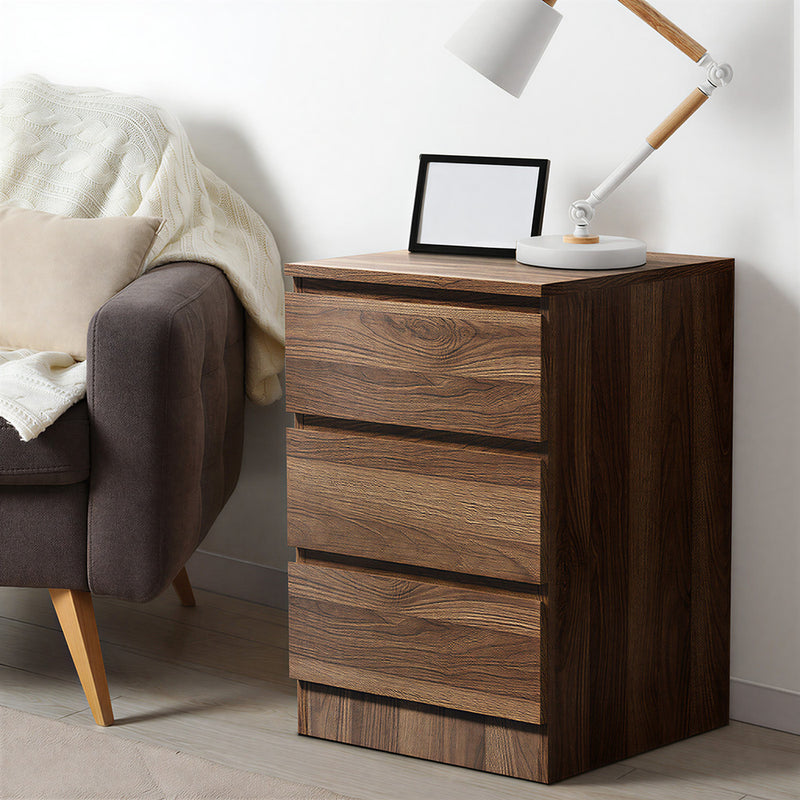 Oikiture 2x Bedside Table 3 Drawers Side Table Storage Cabinet Walnut
