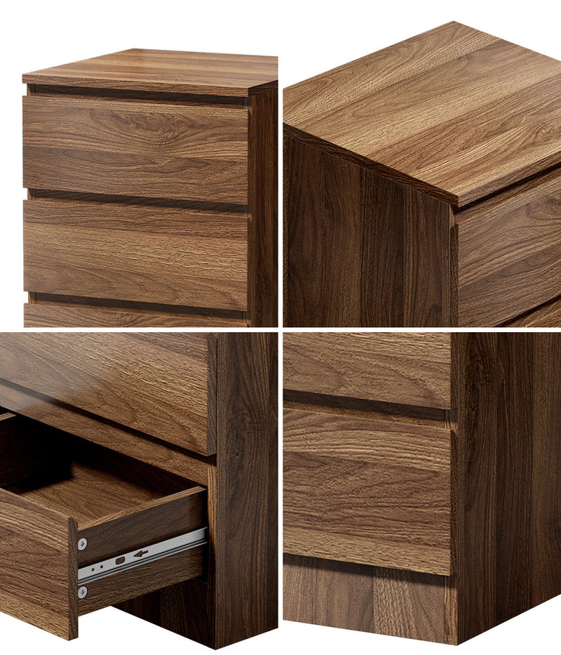 Oikiture 2x Bedside Table 3 Drawers Side Table Storage Cabinet Walnut