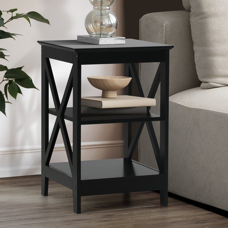 Oikiture Side Table 3-tier Shelf X-Structured Sides Black