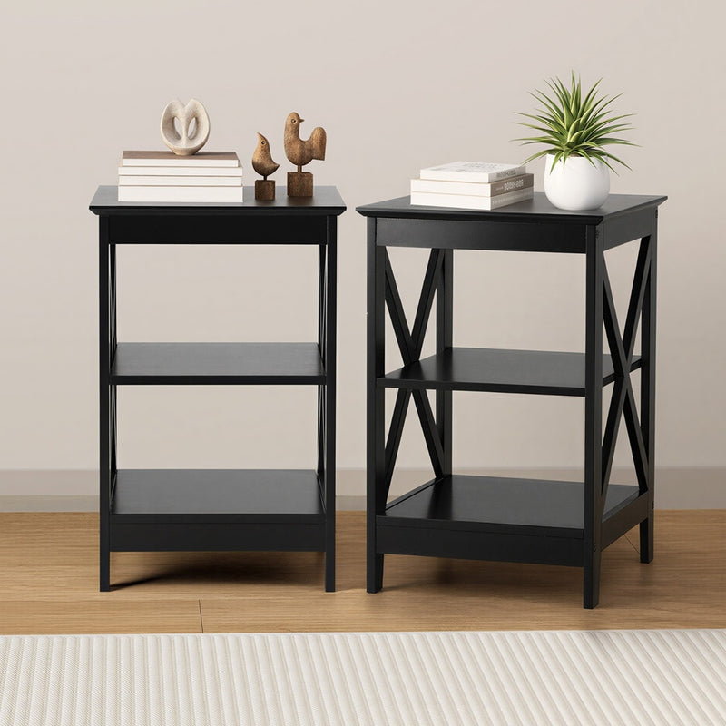 Oikiture 2x Side Table Coffee Bedside Sofa Tables 3-tier Shelf Black