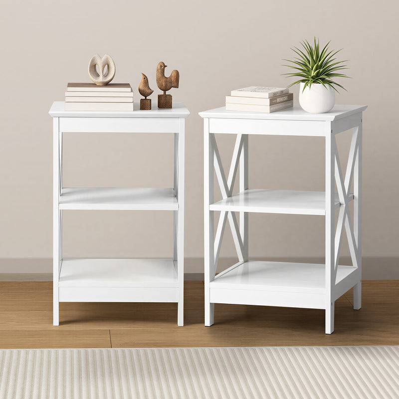 Oikiture 2x Side Table Coffee Bedside Sofa Storage 3-tier Shelf White