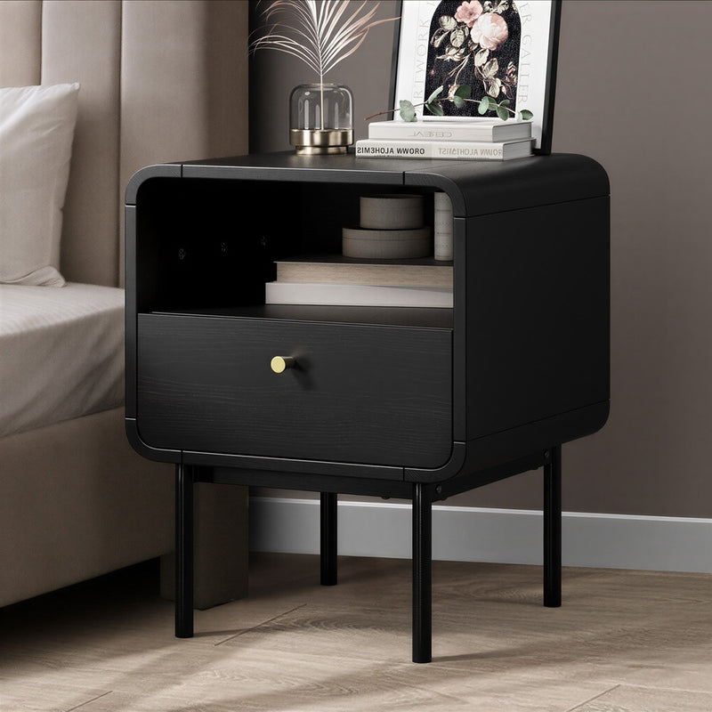 Oikiture Bedside Table Bedroom Storage Nightstand Metal Black