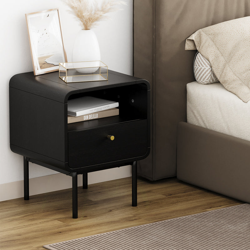 Oikiture 2x Bedside Table 1 Drawers 1 Shelf Nightstand Storage Black