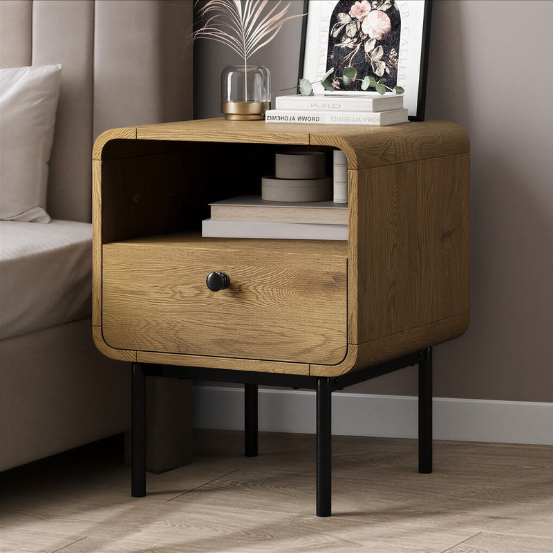 Oikiture Bedside Table Bedroom Storage Nightstand Metal Natural