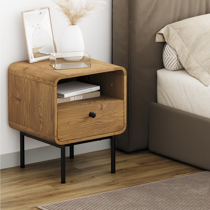 Oikiture Bedside Table Bedroom Storage Nightstand Metal Natural
