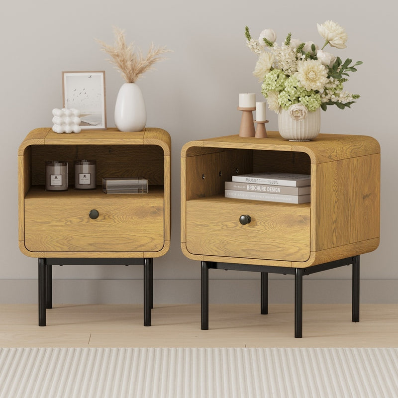 Oikiture 2x Bedside Table 1 Drawers 1 Shelf Nightstand Storage Natural