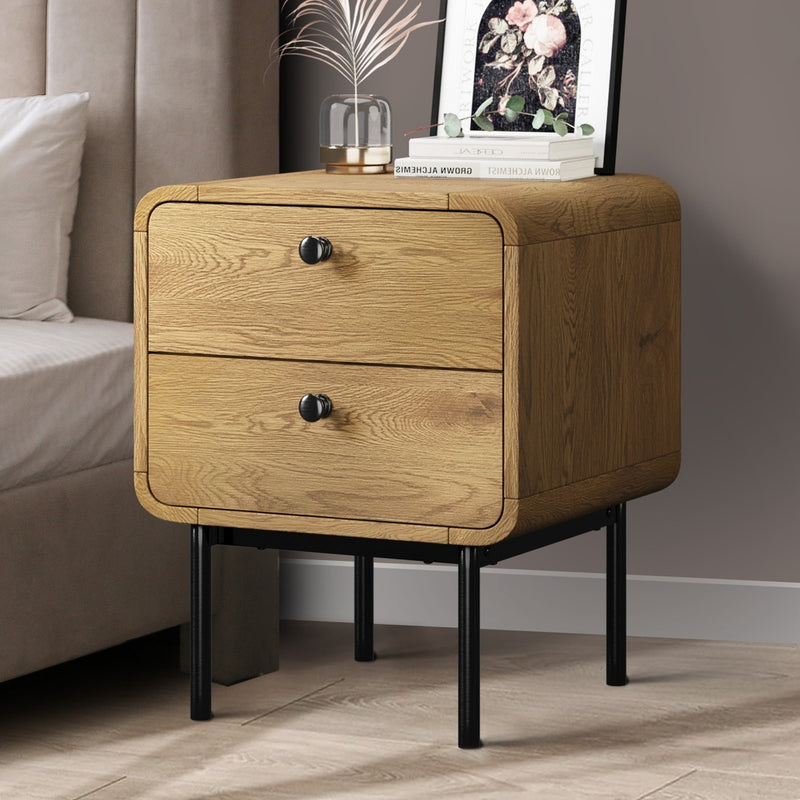 Oikiture Bedside Table 2 Drawers Bedroom Nightstand Metal Natural