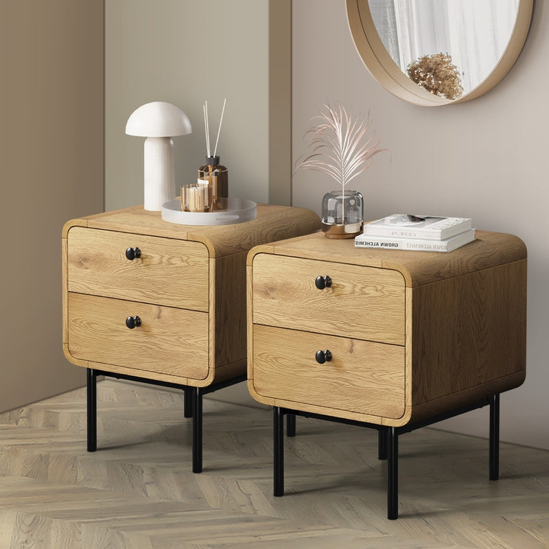 Oikiture 2x Bedside Table 2 Drawers Bedroom Nightstand Natural