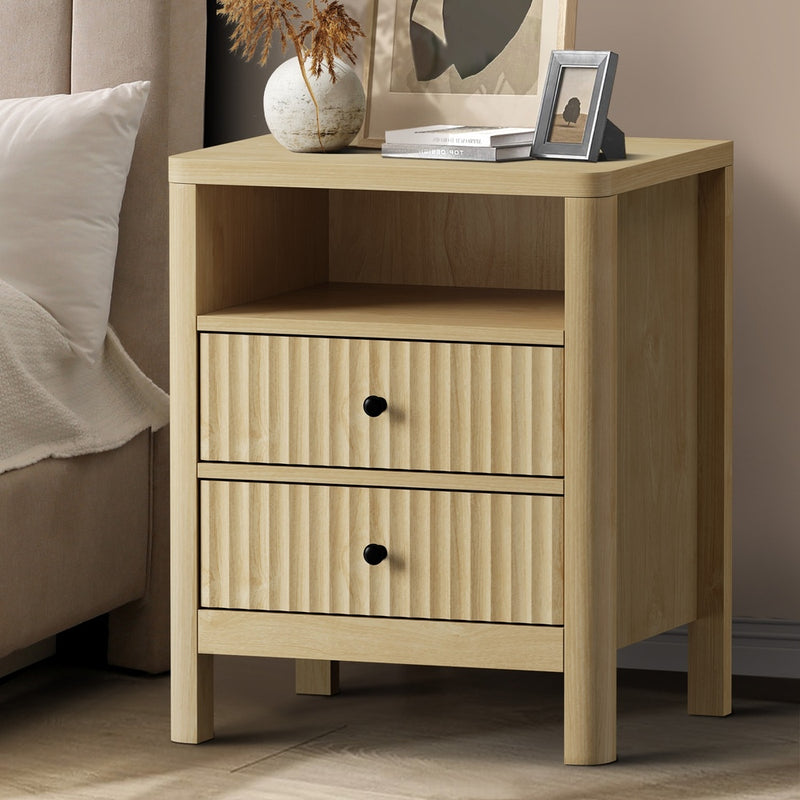 Oikiture Bedside Table 2 Drawers Side End Tables Open Shelf Natural