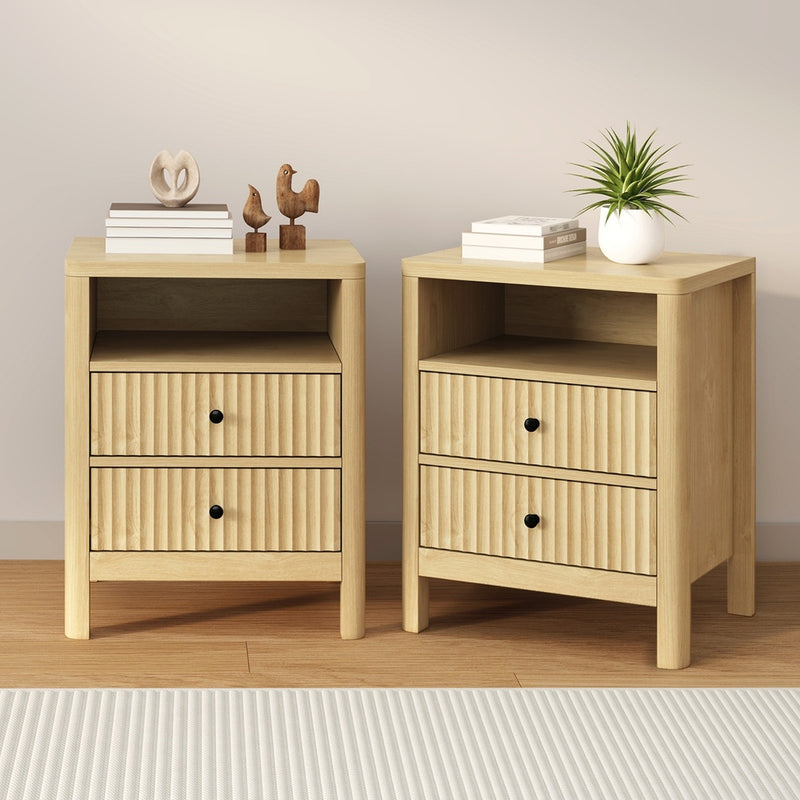 Oikiture 2x Bedside Table 2 Drawers Nightstand Open Shelf Natural
