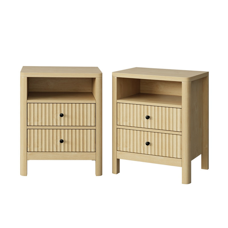 Oikiture 2x Bedside Table 2 Drawers Nightstand Open Shelf Natural