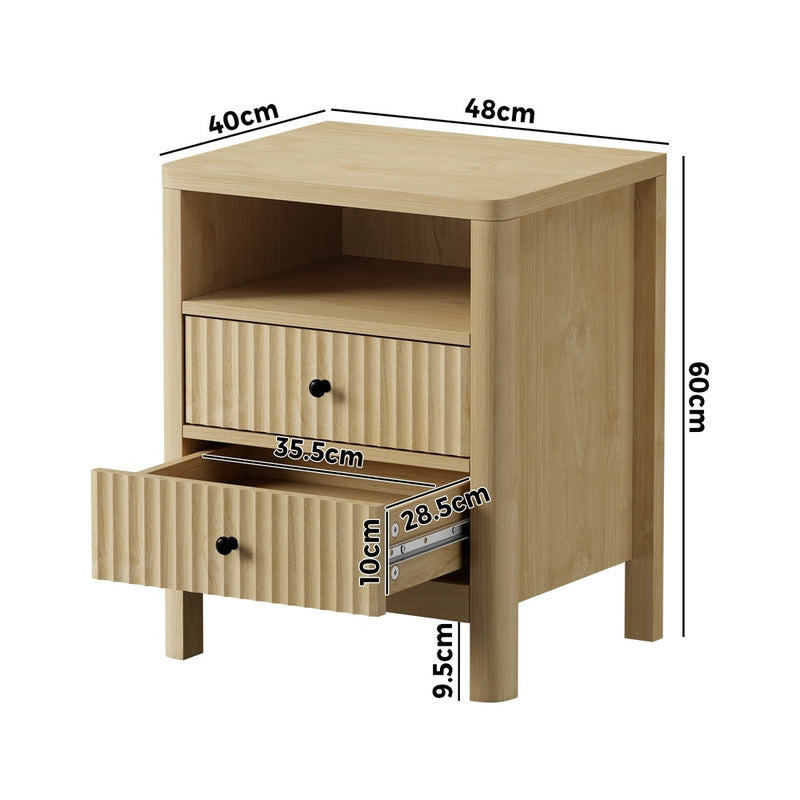 Oikiture 2x Bedside Table 2 Drawers Nightstand Open Shelf Natural