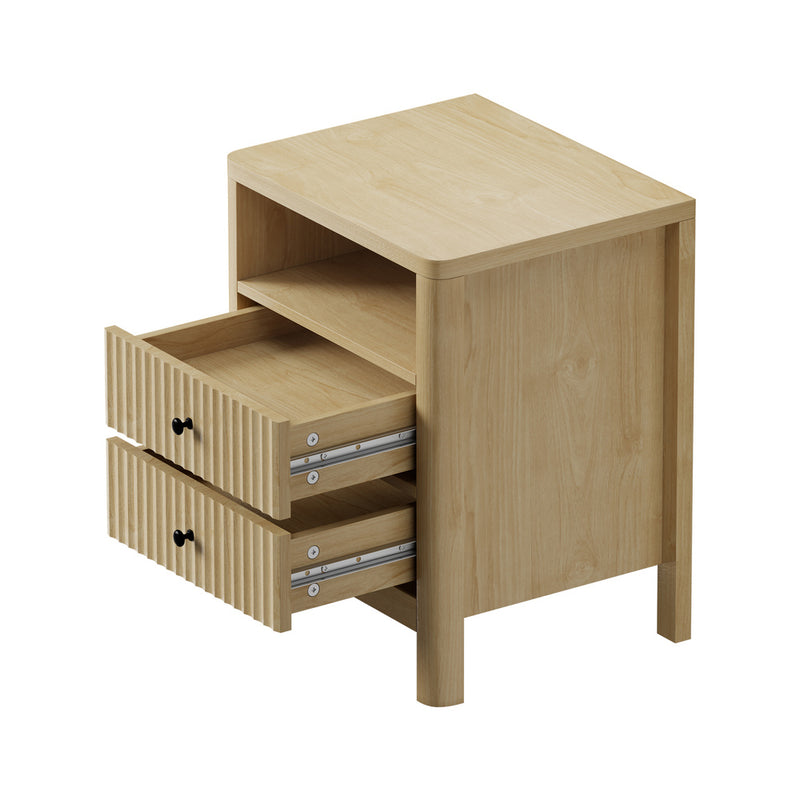 Oikiture 2x Bedside Table 2 Drawers Nightstand Open Shelf Natural