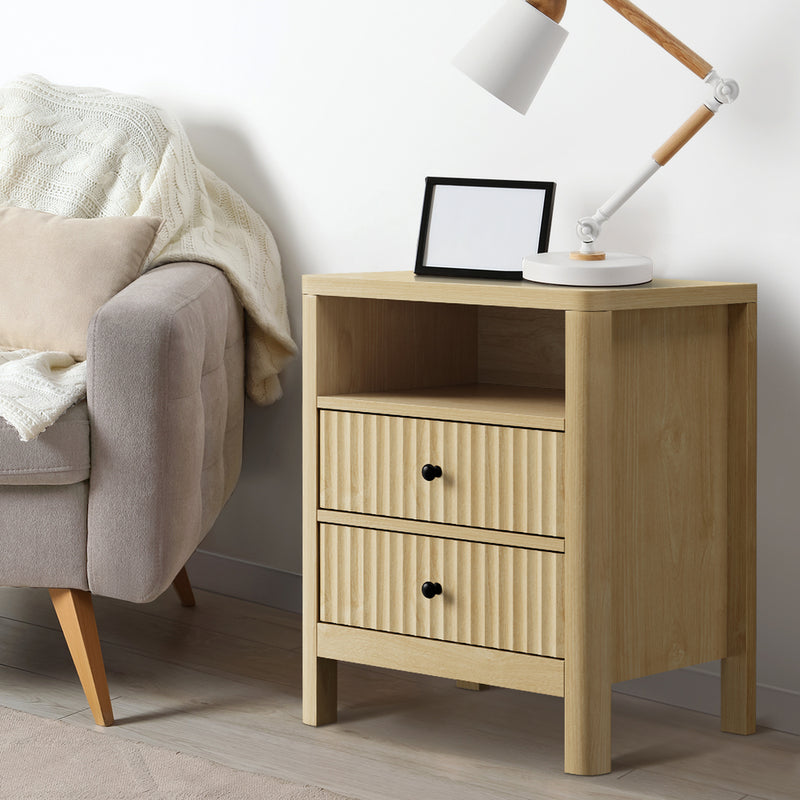 Oikiture 2x Bedside Table 2 Drawers Nightstand Open Shelf Natural