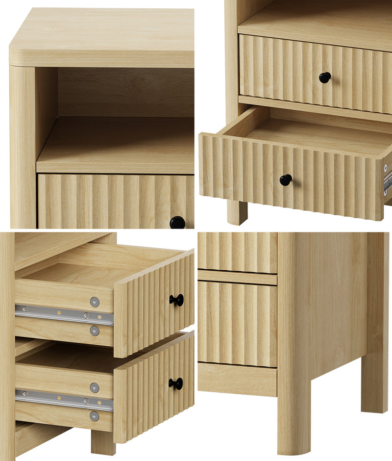 Oikiture 2x Bedside Table 2 Drawers Nightstand Open Shelf Natural