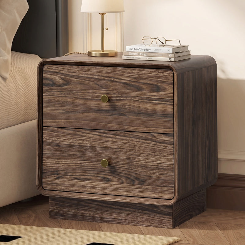 Oikiture Bedside Table 2 Drawers Nightstand Round Corner Walnut